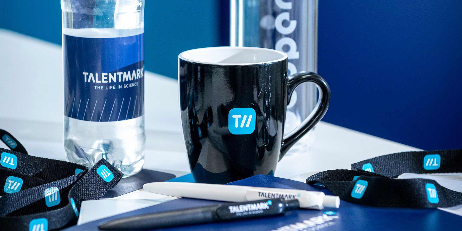 Keycord , water bottle, coffee cup and two Talentmark pens